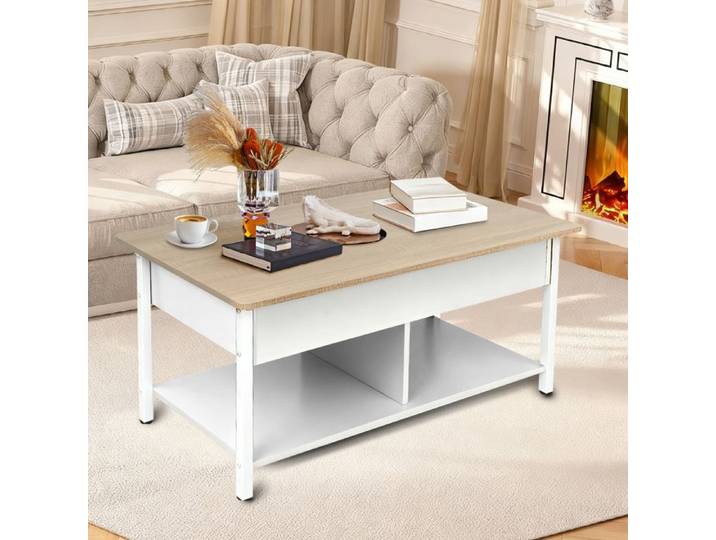 YIYI. Table De Salon Multifonctionnelle Table De Rangement Relevable 90*48*62 Cm Blanc + Couleur Bois Naturel.