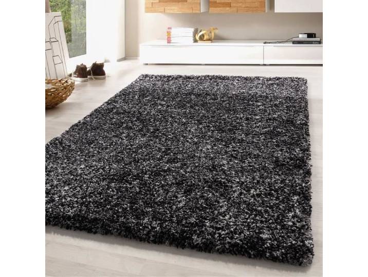 Tapis shaggy à poils longs doux noir gris crème tacheté - Marque - Modèle - Carreaux - Synthétique - Shaggy