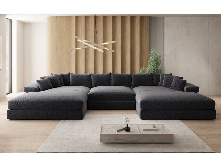 Designer Sofa Bernardo U mit breiter Ottomane in Strukturstoff - Schwarz - Strukturstoff - Luxusbetten24
