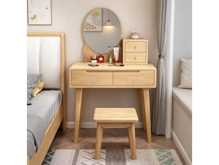 Schminktisch mit Spiegel und Hocker, Kleiner Schminktisch aus Massivholz Schminktisch-Set mit HD-Spiegel,4 Schubladen und L-förmigem Geländer für Frauen und Mädchen im Schlafzimmer(Natural 1)