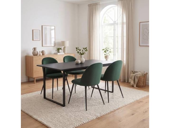 Tisch mit 4 Stühlen Set - Tilst Skagen 90x160 cm Oberfläche Schwarz Marmoroptik Bezug Grün Velours rechteckig skandinavisch modern zeitlos funktional Design elegant Wohnküche Esszimmer Sitzgruppe