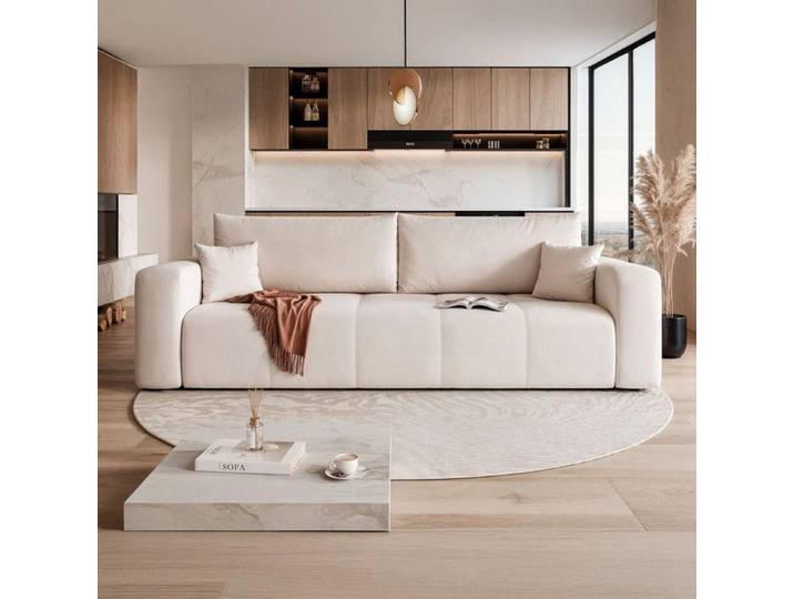 Canape Convertible PEDRO - 3 places - Coffre de rangement - Tissu Velours Crème