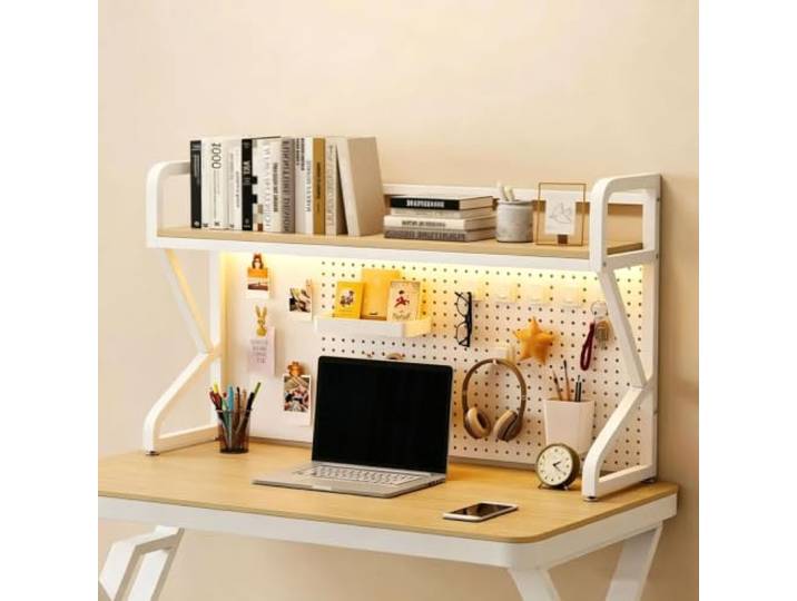 Tischregal 1/2 Etagen Tischaufbewahrungsregal Mit Aufhängeleiste Platzsparend Für Wohnheime, Büros und zu Hause(1‑Tier White+Beige,110cm/43in)