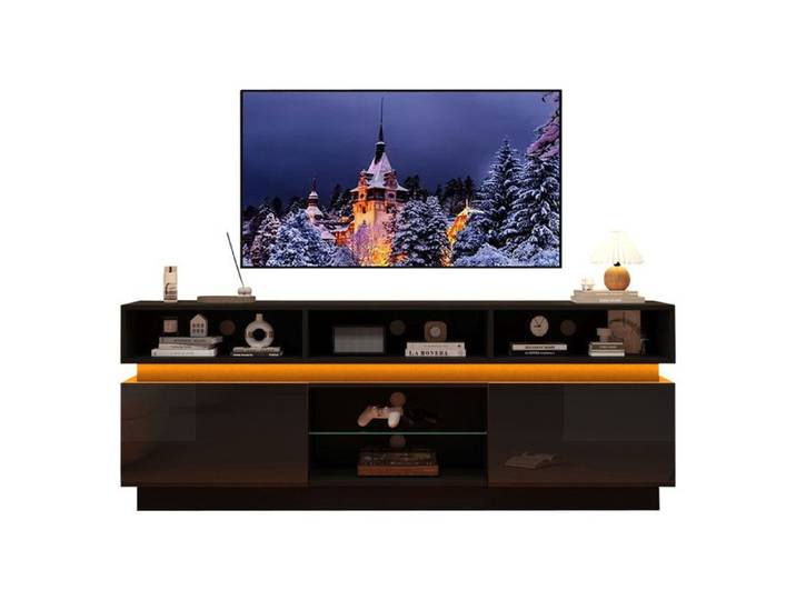 Meuble TV 160x35x60cm MDF Lowboard Salon Meuble Télé Moderne avec Rangement LED Vitre Trempée Support Télé pour TV Plat 60  - Noir
