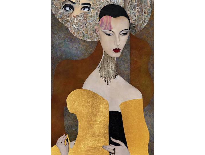 Acrylglasbild QUEENCE Wandbild, Goldbild, Bild Kunstkopie, Frau mit verschiedenen Gesichtern , bunt (farbe bild(er): blau,beige,taupe,gold), B:80cm H:120cm, Acrylglas, Bilder, Acrylglasbild, Handveredelt mit Blattgold für eine edle und zeitlose Optik.