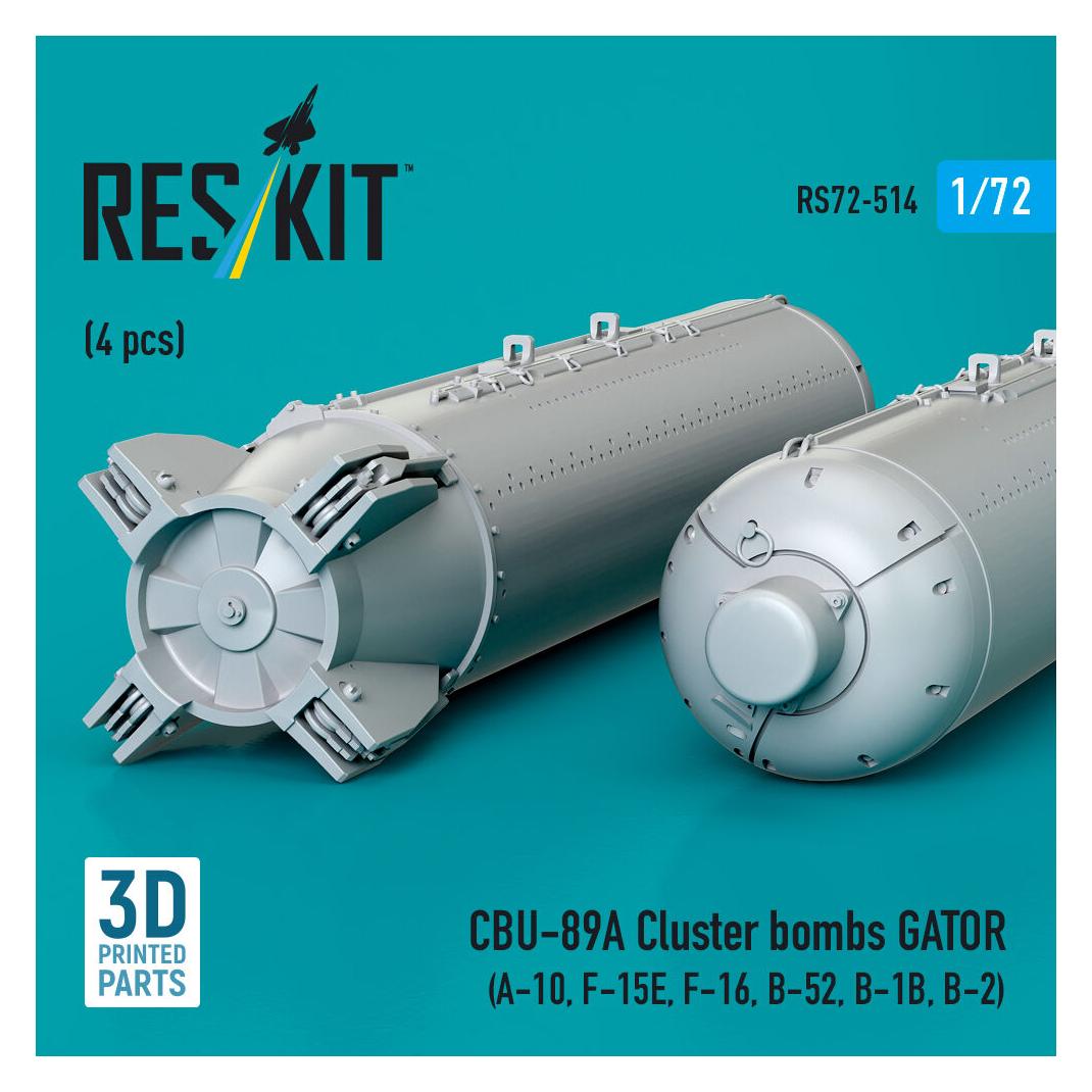 ResKit CBU-89A cluster bombs GATOR (4 pcs) (A-10, F-15E, F-16, B-52, B-1B, B-2) (3D Printed) (RS72-0514)