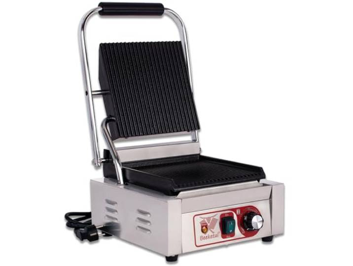 Beeketal Profi Gastro Kontaktgrill BKG1 1800 Watt Gusseisen-Grillplatten oben & unten gerillt Edelstahl Tischgrill 50-300 °C für Gastronomie & Gewerbe