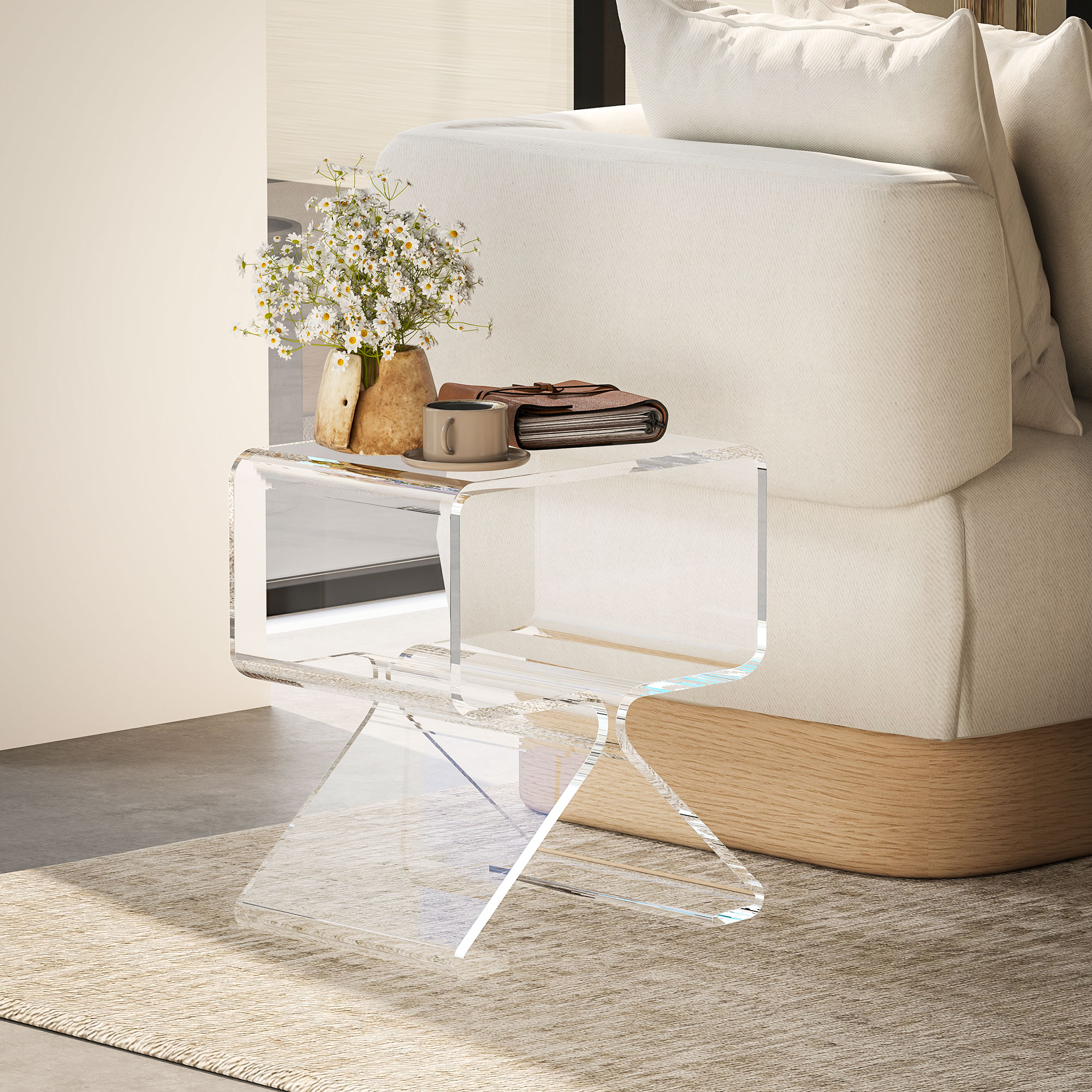Homcom Tavolino Basso Geometrico a 2 Livelli  in Acrilico con Gambe Triangolari, 40x30x45 cm, Trasparente