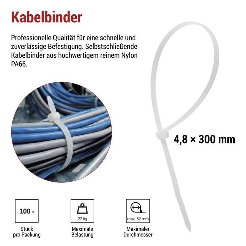 Emos Kabelbinder 300×4,8, weiss, 100 Stk (300 mm, 100 Stk.) (70415927)