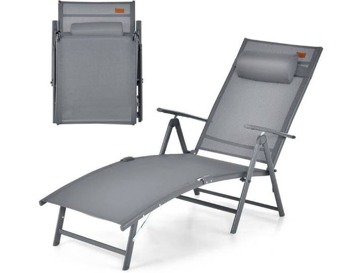GOPLUS Chaise Longue Pliante avec Dossier Réglable à 7 Niveaux avec Accoudoir et Repose-tête-Transat Jardin Charge 150 KG Gris