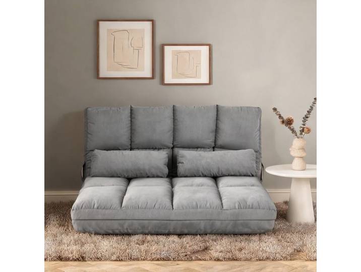 Fauteuil de sol convertible 2 en 1 en velours gris classique et métal 102x73x60 cm