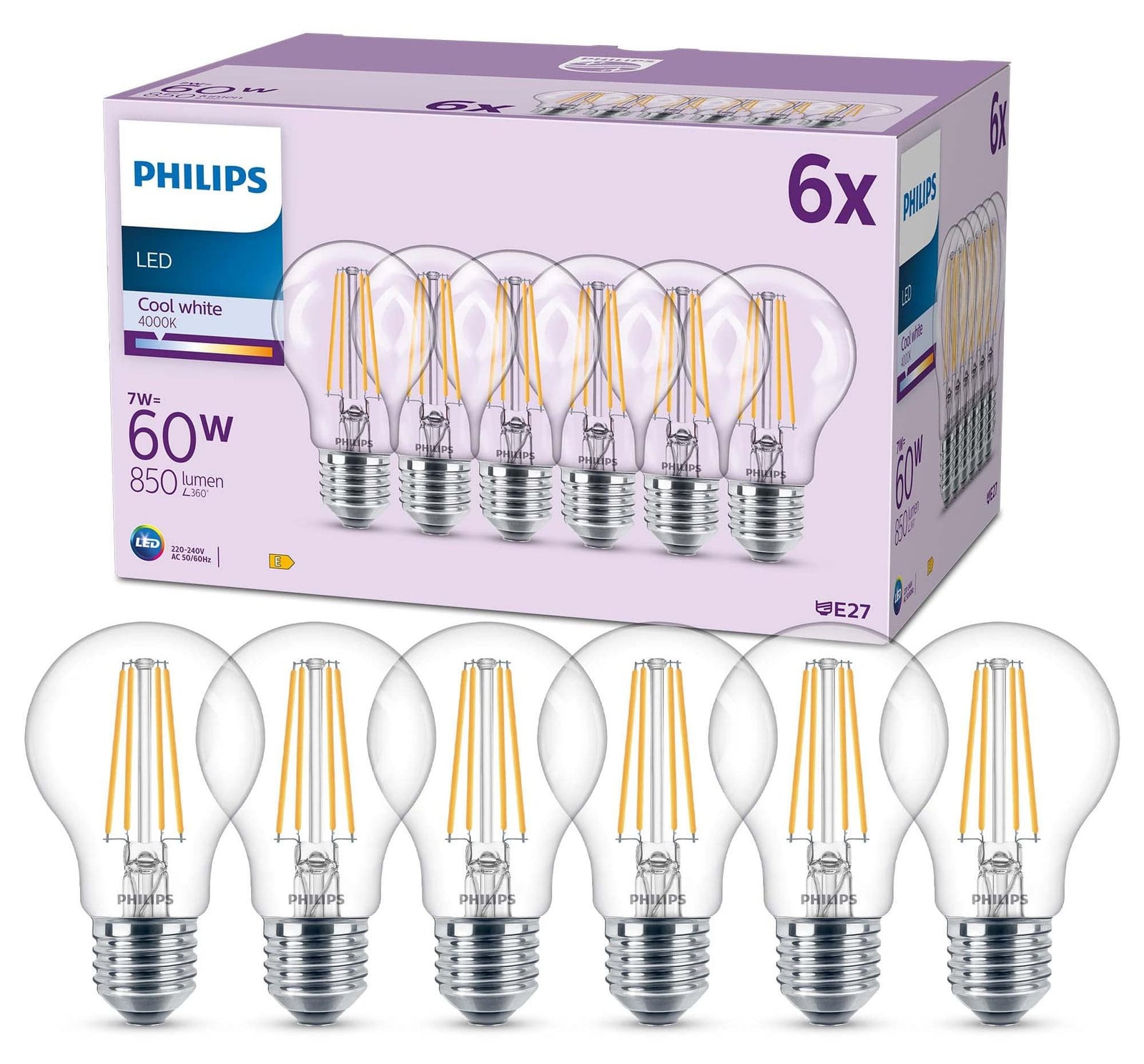 Philips LED gloeilamp A60 E27 60W koel wit 6 stuks