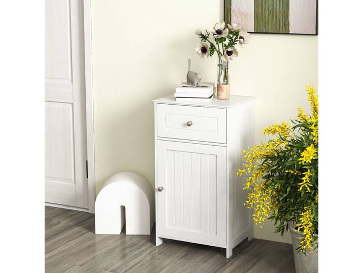 GOPLUS Armoire de Rangement de Salle de Bain Armoire Basse Sécurisée avec Tiroir Etagère Réglable Blanc