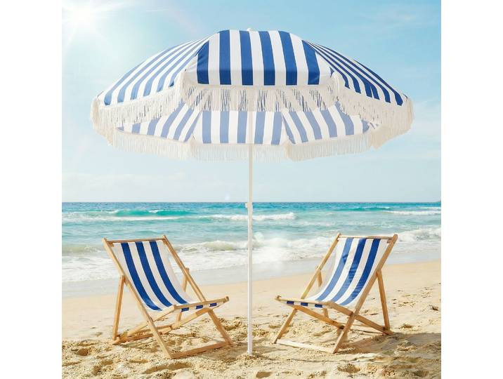 Outsunny Parasol Plage Ø180cm Réglable Bleu Blanc Terrasse Extérieur