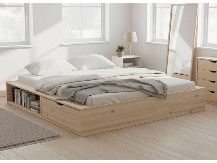 Massivholzbett GOODPRODUCT Erno, Stauraumbett Futonbett, 275KG belastbar , beige (naturbelassen), B:223,5cm H:30,5cm L:204cm, Betten, Massivholzbett, mit Lattenrost, FSC zertifiziert, viel Stauraum + Ablagen
