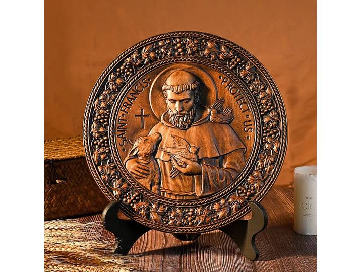 Figurine religieuse en bois massif naturel de Saint François, ornements de décoration d'icône, artisanat en bois, sculpture de bureau en bois pour la maison, cadeaux