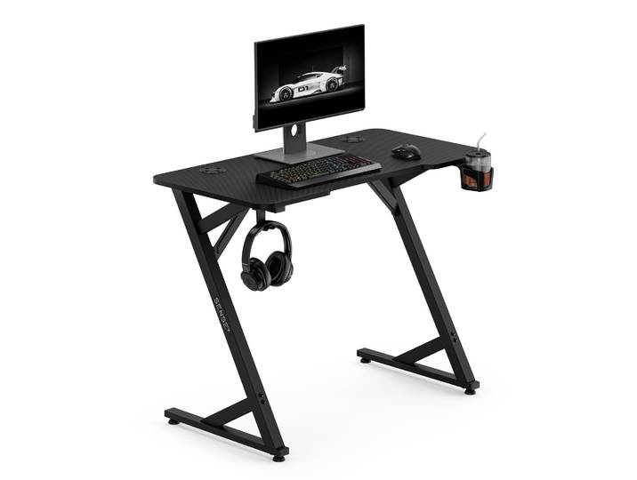 Bureau de jeu Sense7 VAMO\, 100x50 cm\, noir. Bureau d'ordinateur compact\, style carbone\, en forme de Z\, avec porte-boissons. Idéal pour le gaming\, le télétravail et le bureau à domicile