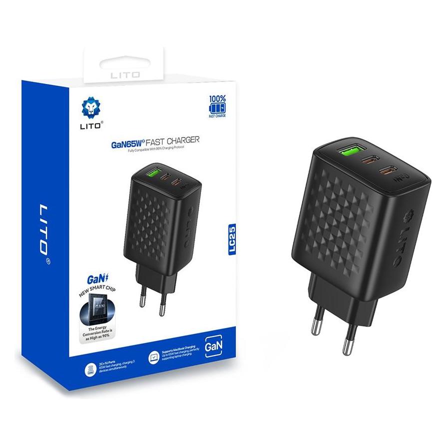 Lito - Wall Charger (LC25) - 2x Type-C, USB Output, PD65W, GaN, PC Fireproof, EU Plug - Black (65 W, 3 Ports) (61003454)