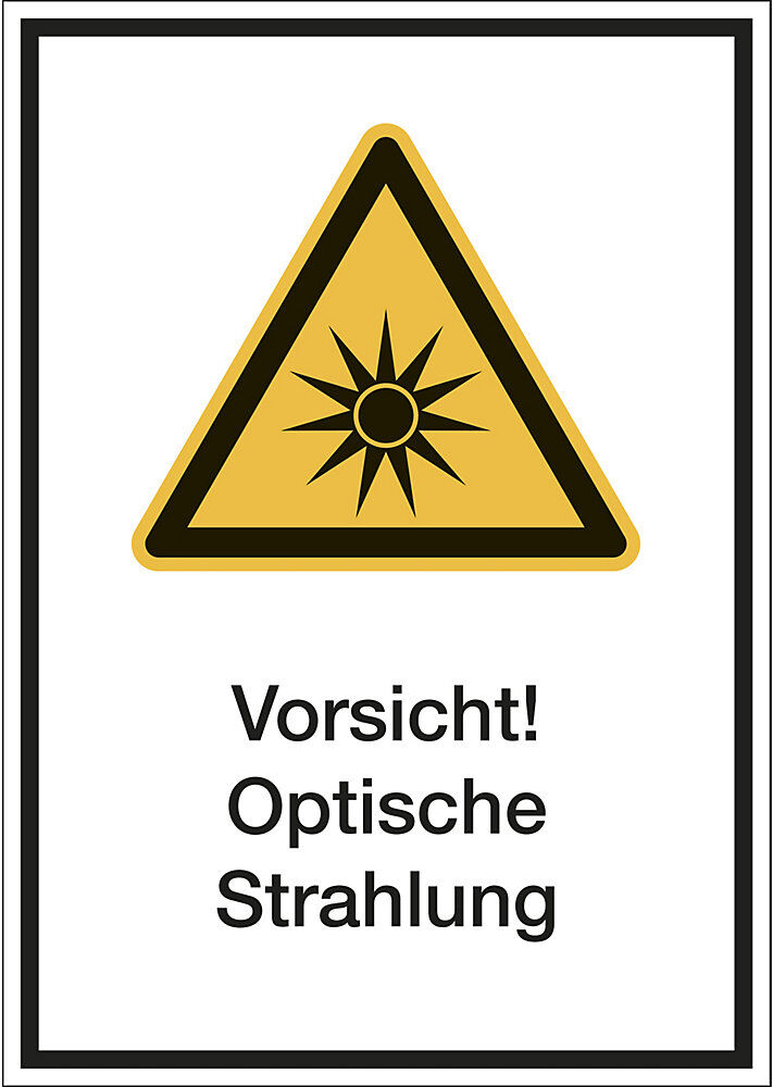 Kombischilder mit Text für Warnkennzeichen, Vorsicht! Optische Strahlung, VE 10 Stk, Kunststoff, LxH 210 x 297 mm kaiserkraft