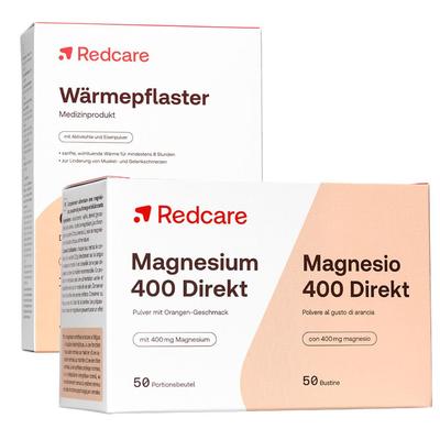 Redcare Magnesium 400 Direkt + Wärmepflaster bei Menstruationsbeschwerden 50+4 St Set
