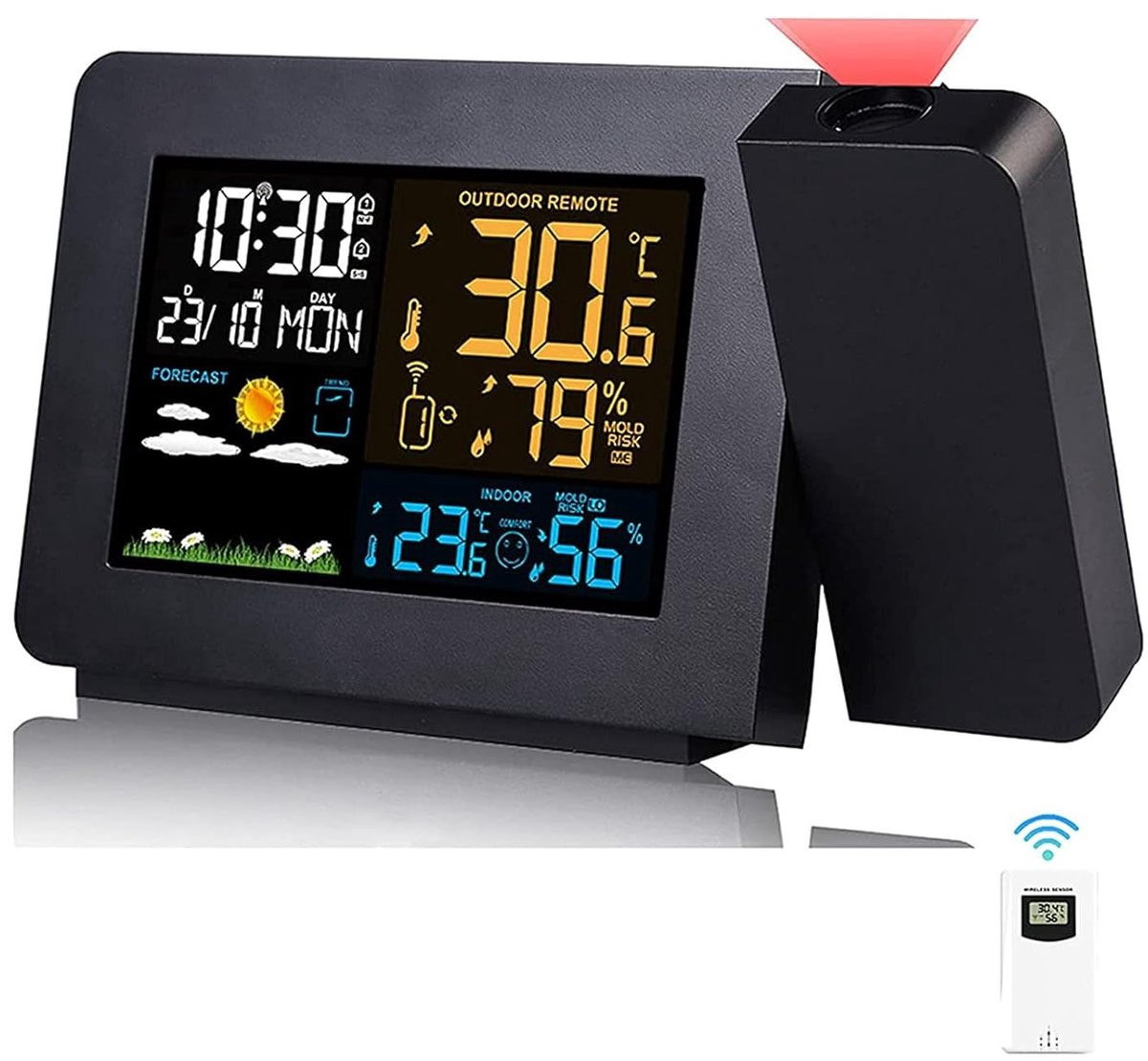 Draadloos weerstation met thermometer, hygrometer, projectie en RCC radio klok, zwart