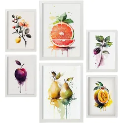 POSTER Set Mit 6 Saftige Früchte Plakate Von Obst Gemüse & Gesunden Lebensmitteln Im Aquarell Kunst Auf Reinweißen Hintergründen A3 & A4 Weißer Rahmen