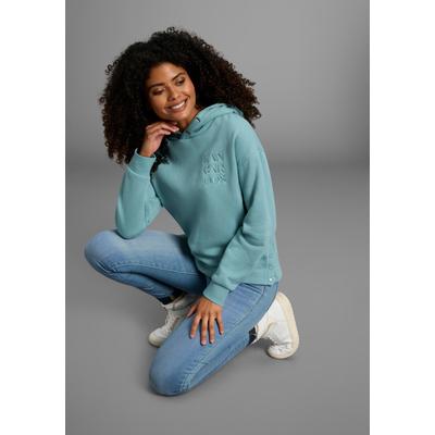 Kapuzensweatshirt KANGAROOS, Damen, Gr. 40/42, grün (blaugrün), angeraute Sweatware, Obermaterial: 60% Baumwolle, 40% Polyester, lässig geschnitten hüftbedeckend, Rippbündchen, Sweatshirts, mit Rippbündchen an Ärmeln und Saum, lässig geschnitten,...