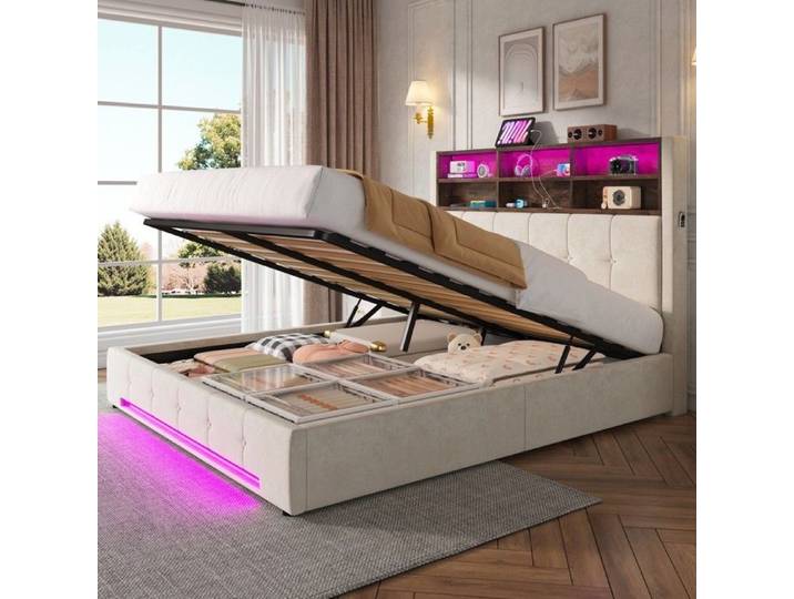 CollaHausse Lit Velours 160x200cm Tête de Lit Multifonctionnelle (LED USB-C) Coffre de Rangement avec Vérin