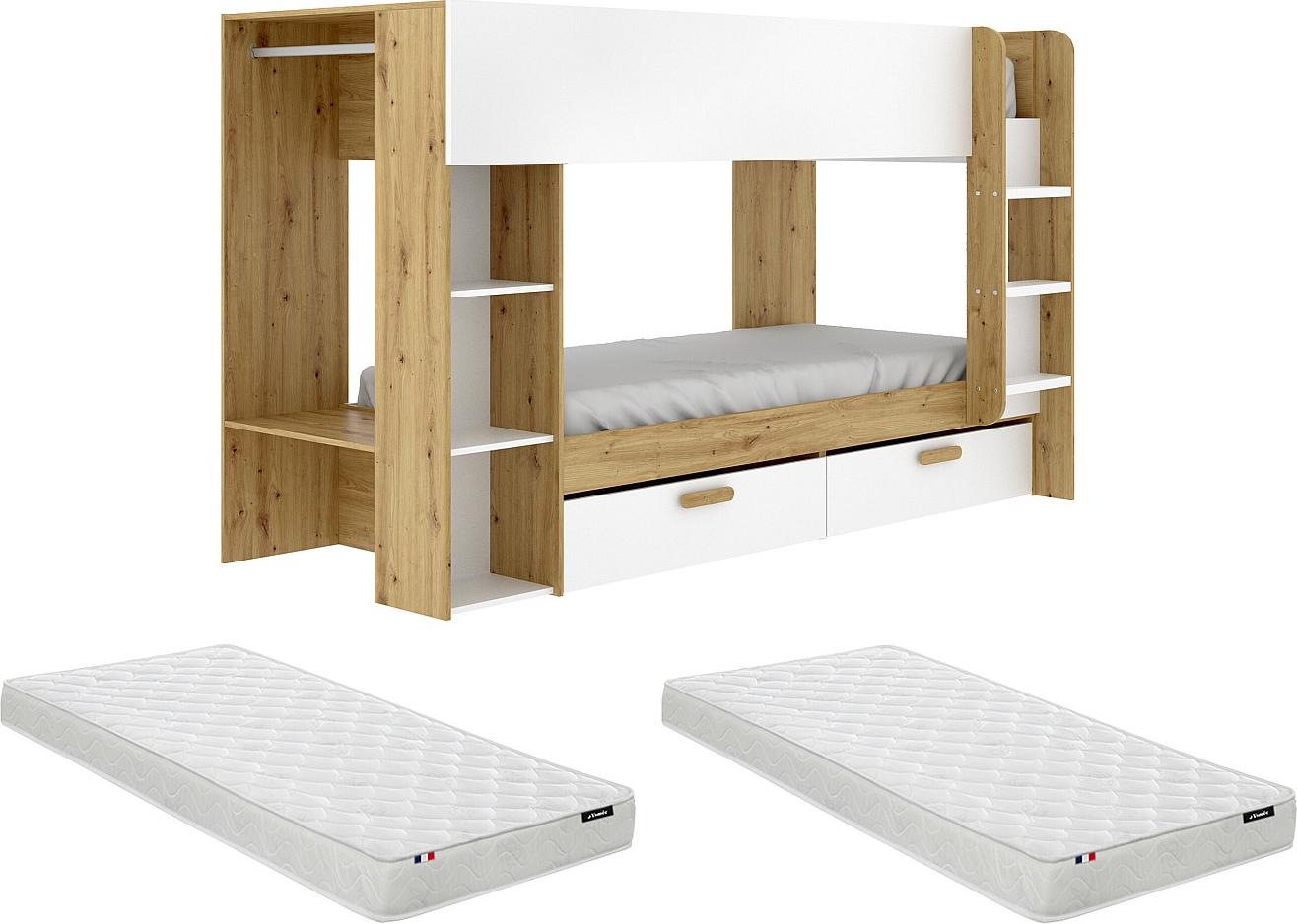 Etagenbett 2 x 90 x 200 cm mit Stauraum und Kleiderschrank - Weiß und natürlich + Matratze - OSANA