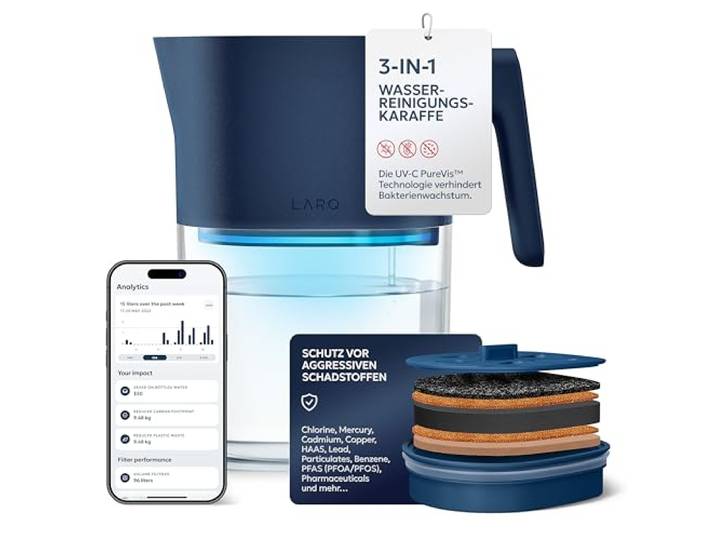 LARQ PureVis 1,9L 3-in-1 Smart Wasserfilter Karaffe – UV-Selbstreinigung, entfernt PFAS, Chlor, Blei & mehr – Smart App Tracking – Pflanzenbasierter Filter – 2 Jahre Garantie Pure White