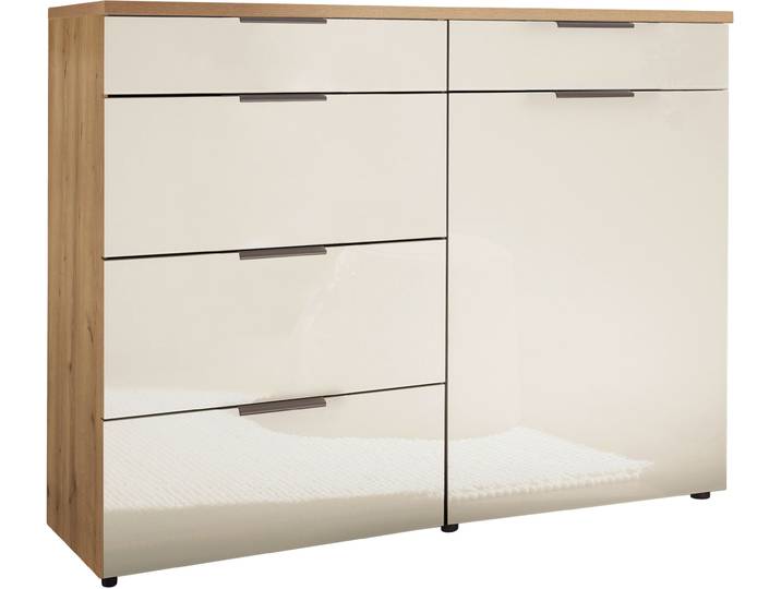 Kombikommode, Bianco-Eiche-Dekor, 140x91,2x43 cm, Floatglas & Holzwerkstoff, 5 Schubladen, Modern, Wiemann