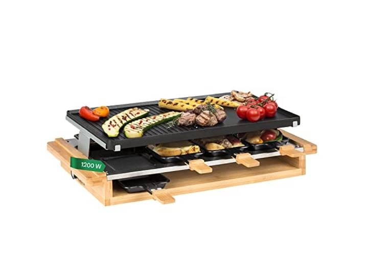 Klarstein Tournedo Raclette-Grill, 1200 Watt, Grillfläche: 39,5 x 25,5 cm, Stahlblech und Holz, abnehmbare Grillplatte aus Aluminiumguss, Antihaftbeschichtung, stufenloses Thermostat, Holz-Dekor