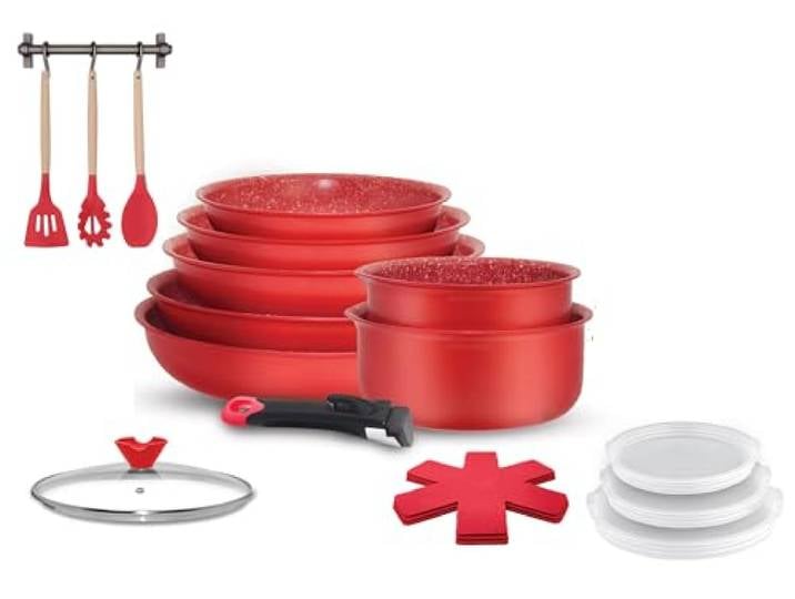 Arthur Martin, AMR94, 18-teiliges Aluminium-Kochgeschirrset mit Griffbeschichtung, einschließlich Bratpfannen, Kochtöpfe, Schmorpfanne, Wok, Deckel und Utensilien – 20–28 cm, Rot