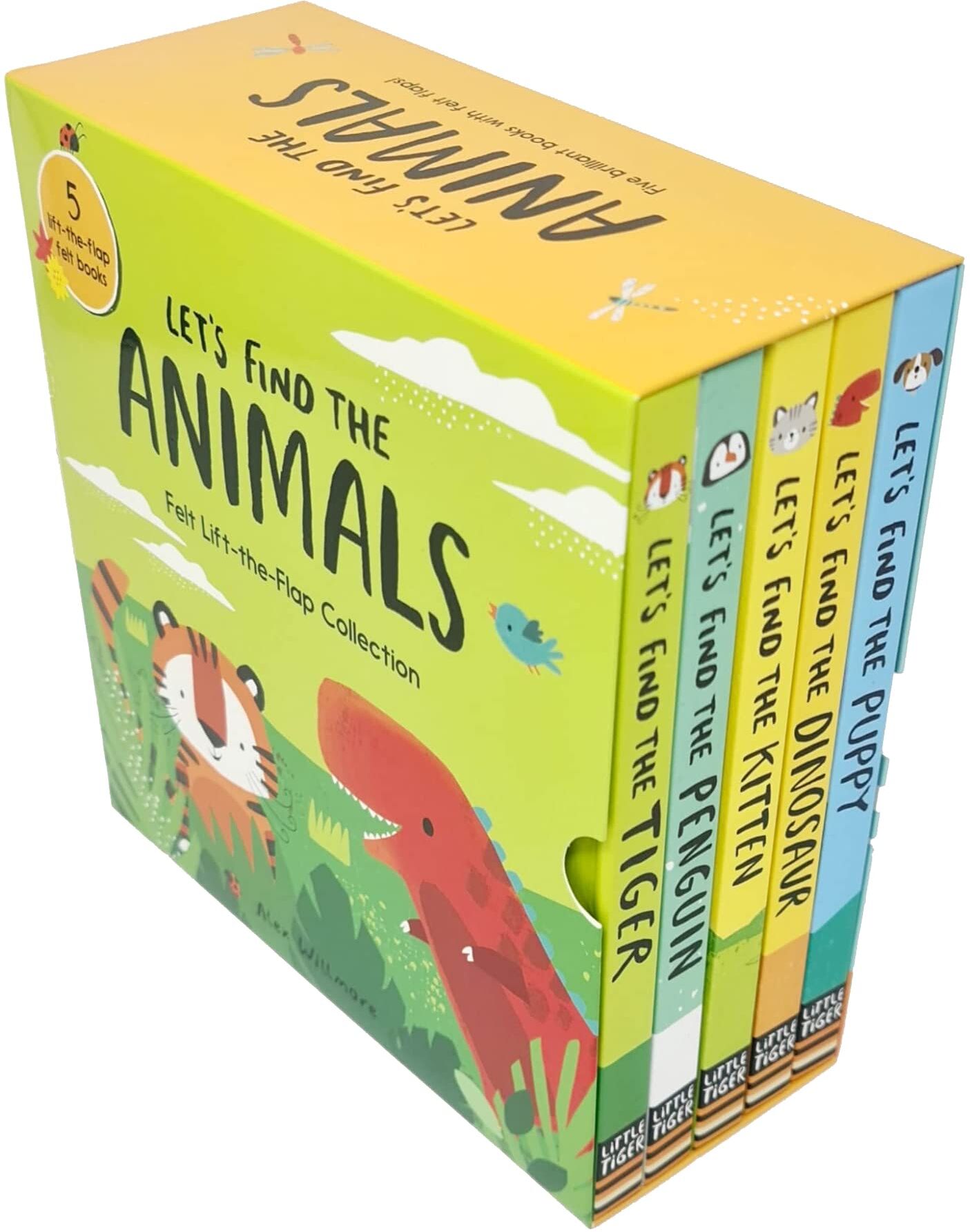 Little Tiger Let's Find the Animals 5 Books Felt Lift-The-Flap Collection by Alex Willmore - Board Book - Ages 0-5 - Puppy, Dinosaur, Kitten, Penguin & Tiger