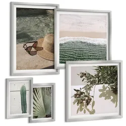 BILDER SET 5er Set - 50x50 cm & 20x30 cm & 40x60 cm Silberner Rahmen - Zubehör für tropische Pflanzen