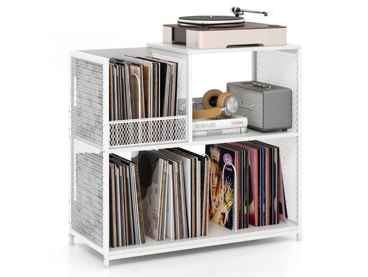 Meuble Étagère pour Platine Vinyle à 3 Niveaux COSTWAY Disques jusqu'à 300 Albums 3 Diviseurs Amovibles Support en Métal Blanc