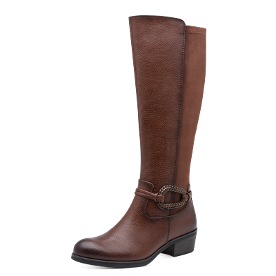 Stiefel MARCO TOZZI, Damen, Gr. 37, Textil, cognac kombiniert, Lederimitat, Textil, Schuhe Stiefel, Blockabsatz, Langschaftstiefel mit modischem Schmuckelement