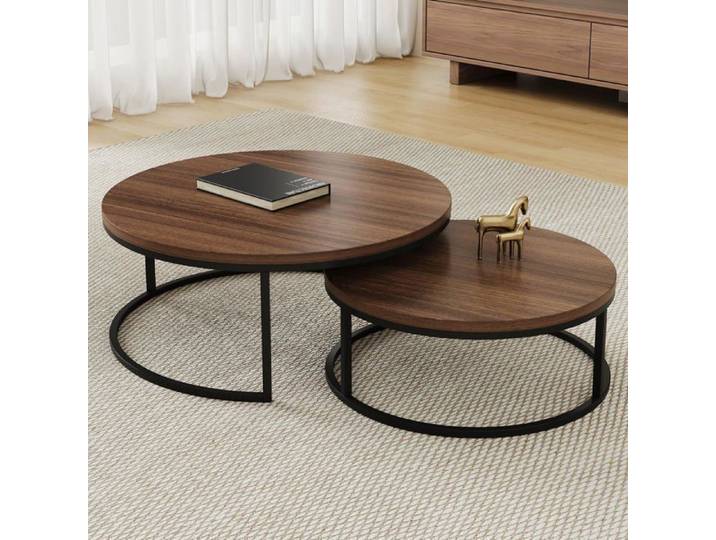 Table basse gigogne ronde 2 pièces 80/60 cm effet bois noyer design moderne table de salon gain de place