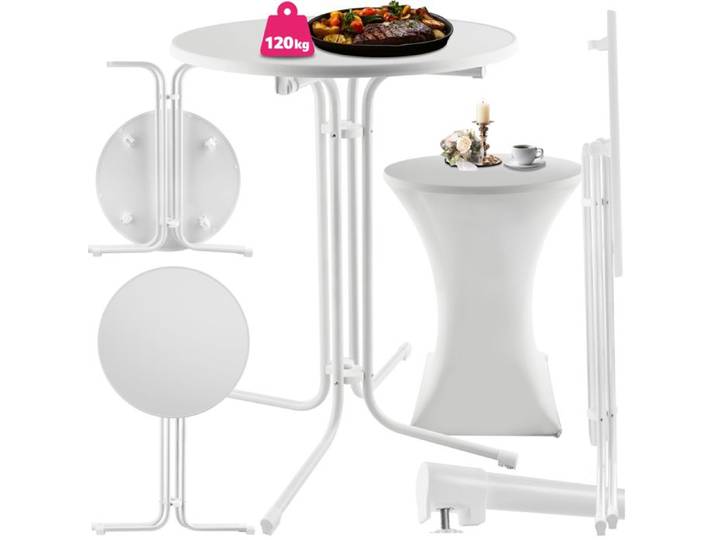 Table haute - TECTAKE - Mange-debout EREN pliable avec housse de table ronde stable Ø 90 x 110 cm - Blanc