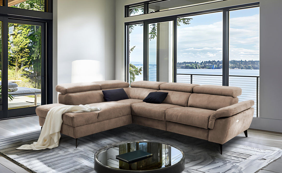 Corrigan Studio Mirano Imitating Leather-Effect Fabric Electric Reclining Corner Sofa with Adjustable Headrests & Adjustable Armrest Brown 97cm H X 265cm W X 210cm D
