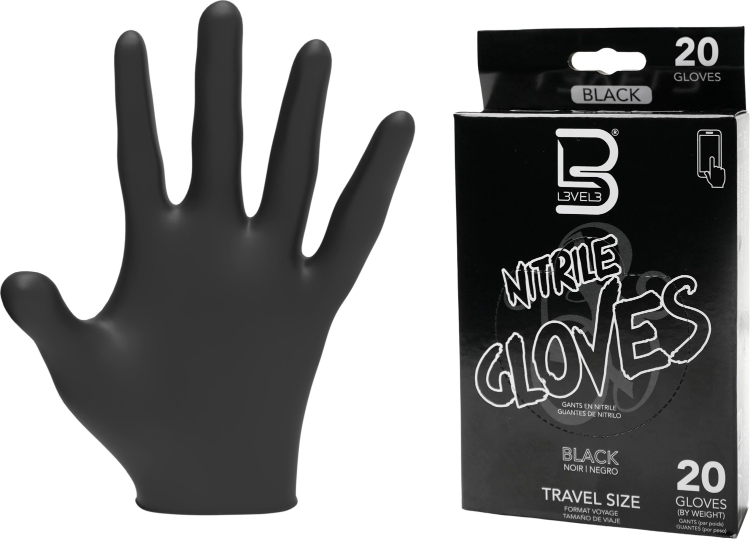L3VEL3 Nitrile Gloves Large Black Travel Size LV30225