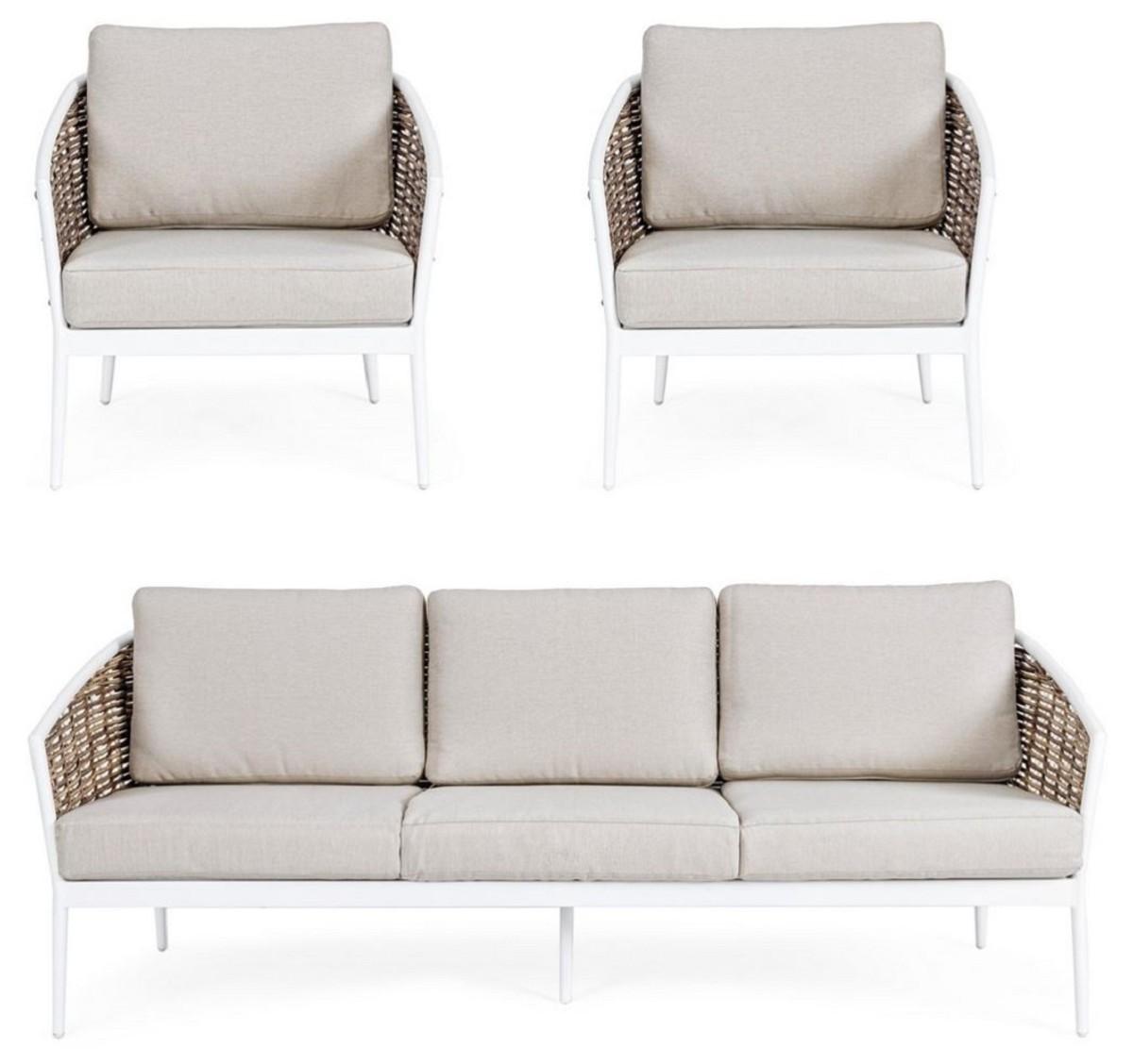Casa Padrino Luxus Gartenmöbel Set Grau / Weiß / Braun - 1 Luxus Gartensofa & 2 Luxus Gartensessel - Garten Möbel - Terrassen Möbel - Hotel Möbel - Pool Möbel - Outdoor Möbel - Luxus Möbel