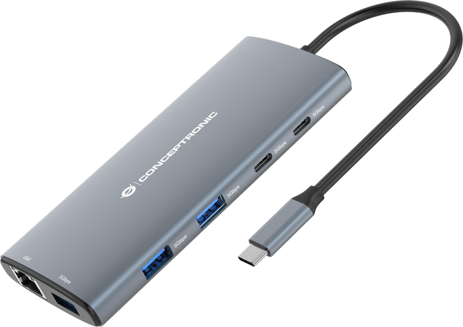 Conceptronic DONN06G 10-in-1 Dock USB-C naar HDMI, 2x USB-C en 3x USB-A, grijs, 20 cm