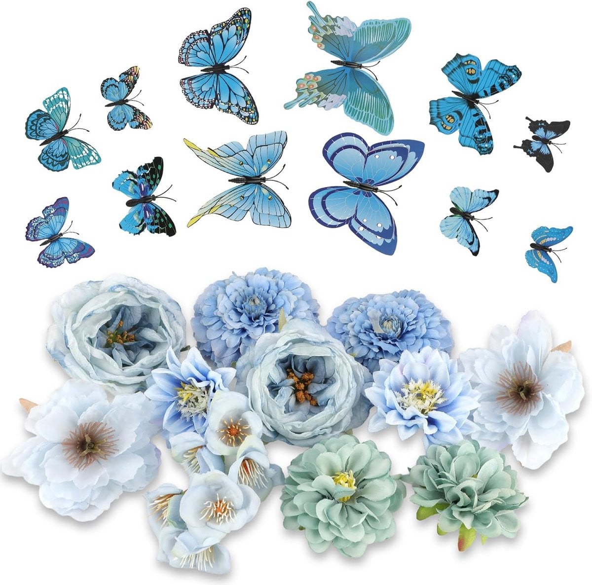 Set van 12 blauwe zijden kunstbloemen inclusief vlinders voor decoratie
