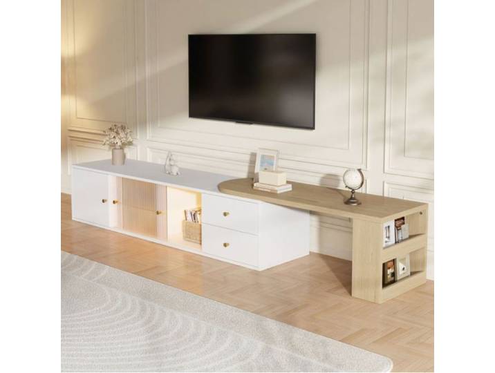 WOVREO Meuble TV extensible LED 175 x 40 x 35 5 cm 2 tiroirs verre coulissant blanc et bois naturel blanc MEUBLE TV
