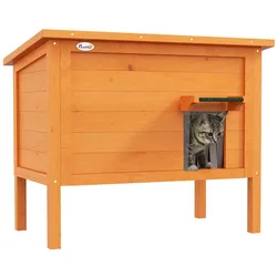 PawHut Katzenhaus aus Holz, Katzenhöhle Outdoor, Isolierte Katzenhütte mit Türvorhang