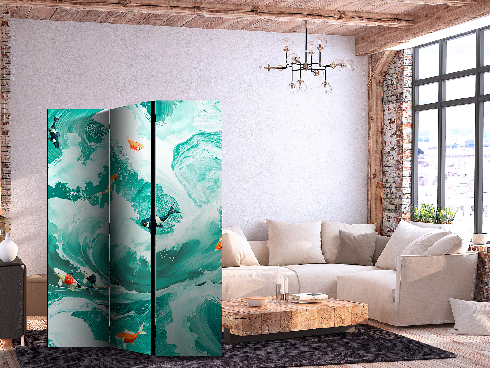home24 Akoestisch paravent Koi Fish Among Waves turquoise B: 135 cm, H: 172 cm