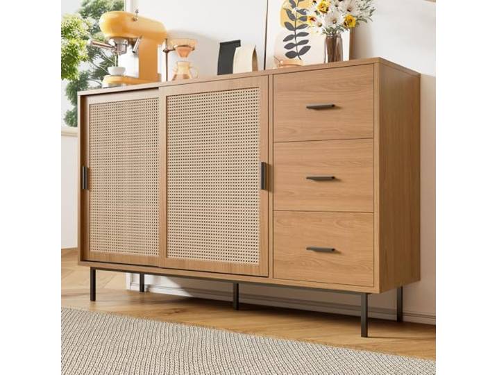 OLIVIBED Rattan Sideboard, Kommode mit 3 Schubladen und 2 Türen, Holz Küchenschrank im Landhausstil, Anrichte mit Stauraum, für Flur, Schlafzimmer und Wohnzimmer, Natural, 140x37x91cm