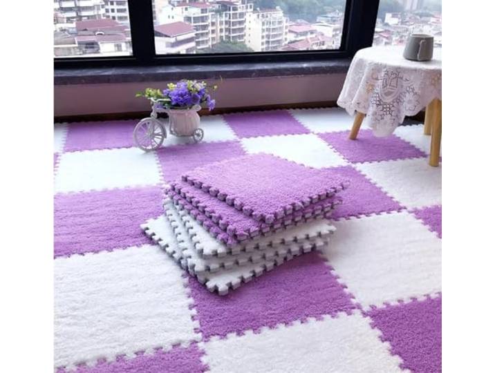 Schaumstoffmatten, Ineinandergreifende Plüsch-Puzzle-Schaum-Bodenmatten, 30 Stück, Mehrfarbig, x cm(White Purple)