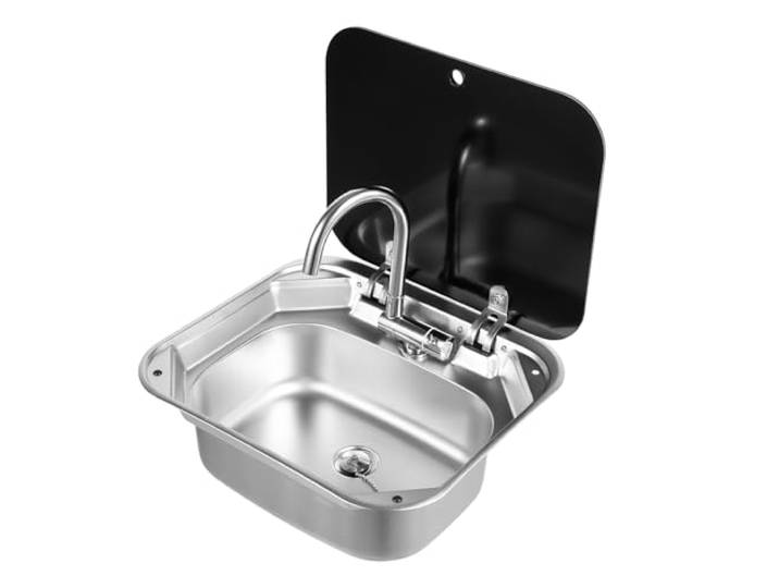 Camping Spüle Wohnmobil Waschbecken Camping Waschbecken Set Camping Waschbecken mit Pumpe Stainless Steel Spülbecken Camping Waschbecken Wohnmobil mit Deckel Camper Wasserhahn, Silber
